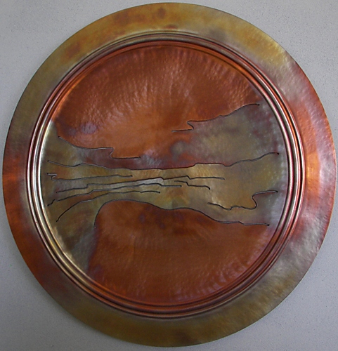 A River Runs Through, 36 inch wall plate, copper by Thomas Markusen